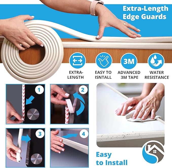 Premium 12ft Edge Protector for Baby, Odorless & Waterproof Edge Protector with 3M Adhesive Tape, Non-Toxic to Baby Proof Corners and Edges, Wall Corner Protector & Desk Edge Cushion Beige