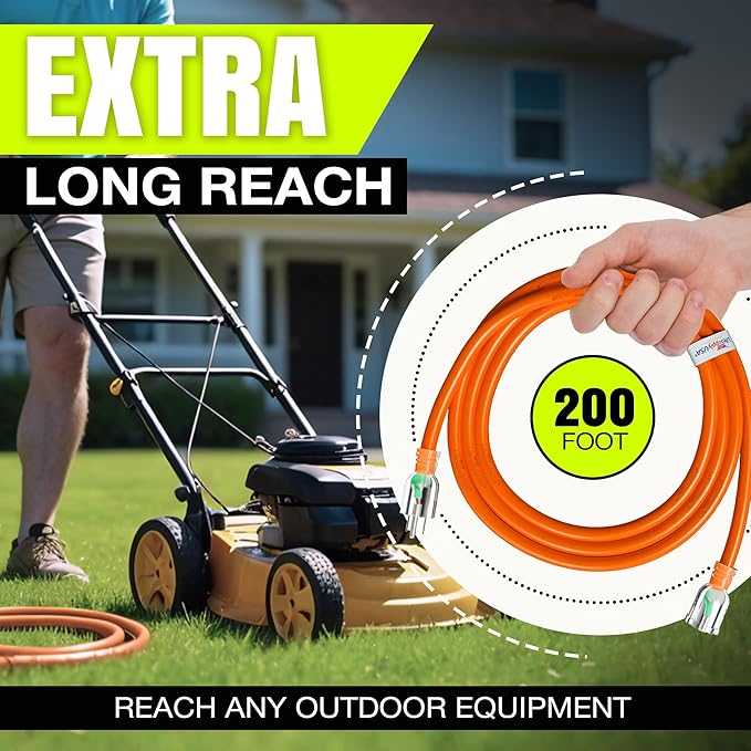200ft Outdoor/Indoor Extension Cord 12/3 Gauge Extra Heavy Duty 3 Prong SJTW, Waterproof, Flexible Cold-Resistant Long Power Cord,8A 125V 1000W, Orange by LifeSupplyUSA