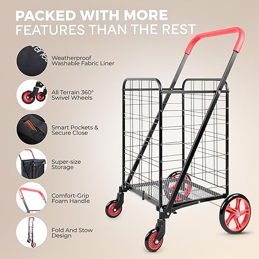 SereneLife Small Compact Folding Shopping Cart with Removable Waterproof Liner – 360° Swivel Wheels, Rust‑Proof Steel Frame, 70 lb Capacity – Portable Grocery, Laundry & Travel Cart (Red)