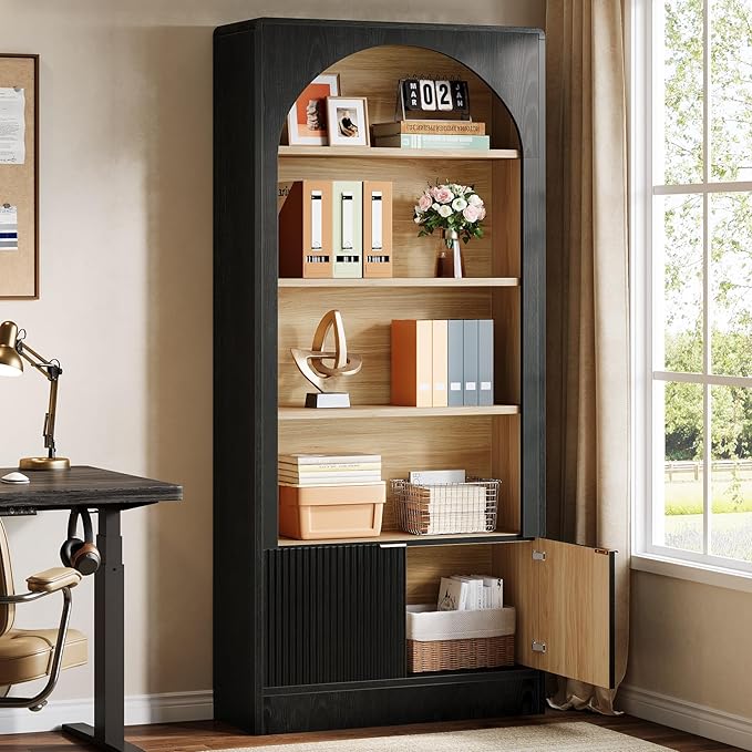 Tribesigns 71" Tall Office Storage Cabinet with Doors, Arched Bookshelf File Organizer with Storage and Shelves, Modern Farmhouse Standing Bookcase for Home Office, Printer Storage, Black