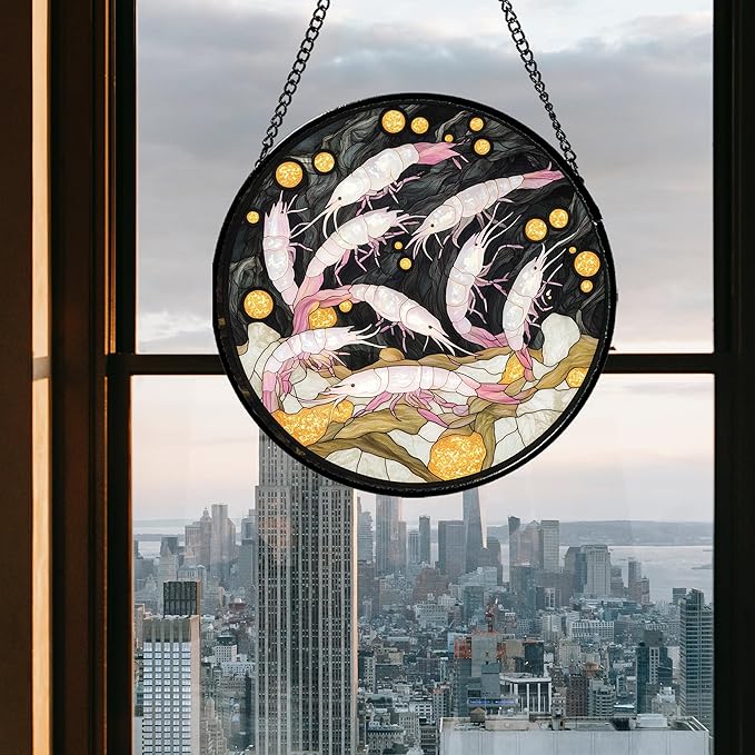 Stained Glass Window Hanging - Pink Shrimp Suncatcher for Doors Garden Marine Life Sun Catchers Decor Christmas Mother's Day Birthday Gifts for Women Men Mom Nana Friend Boys Girls 11.8 in