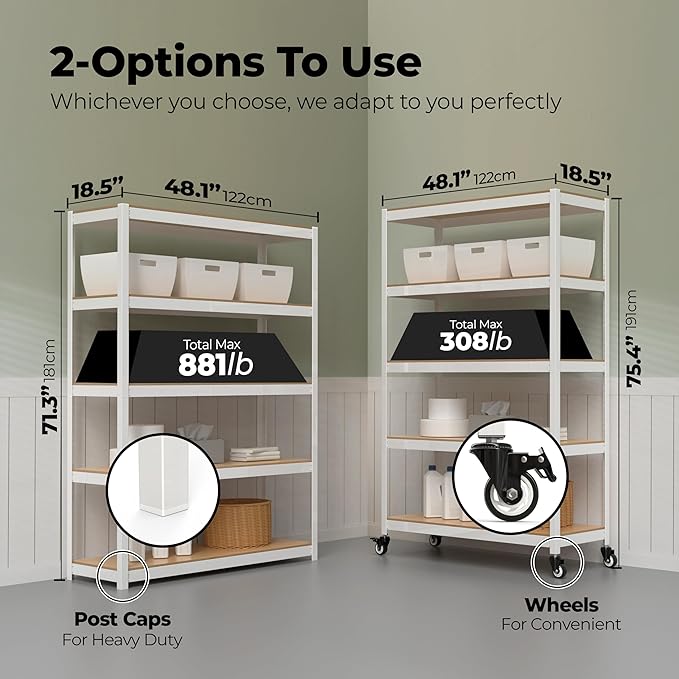 HOMEDANT House 5-Tier Metal Rolling Cart Shelf Rack Casters Heavy Duty Laminated Wheel Shelving Unit Adjustable Utility Storage Shelves Organizer Shelf Kitchen Garage (4, (L) 48.1" W, White)