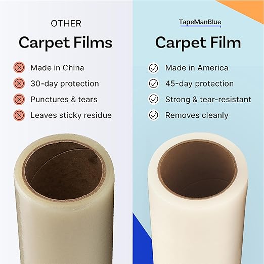 TapeManBlue Carpet Protection Film, 48 inch x 500 feet, Made in The USA, Strong and Durable Self-Adhesive Plastic Carpet Protector with Easy Unwind and Clean Removal