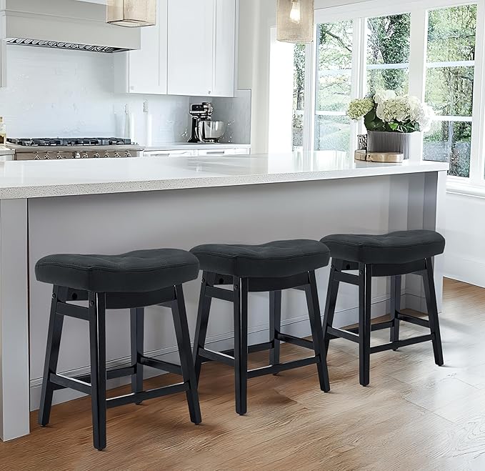 Counter Height Black Bar Stools Set of 6 for Kitchen Counter, Backless Farmhouse Kitchen Island Barstools with Upholstered Faux Leather Saddle Seat and Solid Wood Legs Modern 24 inch Bar Chairs