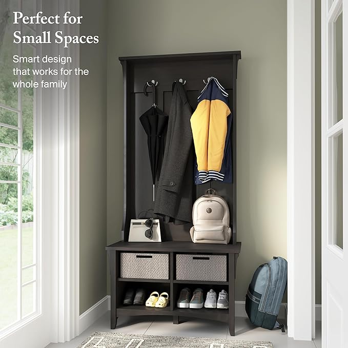 Bush Furniture Salinas Hall Tree with Shoe Storage Bench in Vintage Black, Multi-Purpose Home Organizer, Entryway Solution with Seating and Hooks