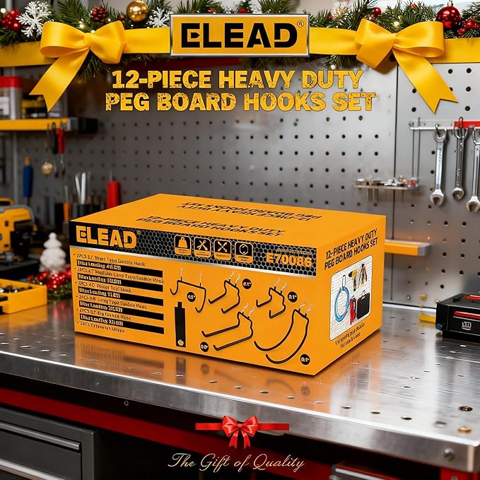 ELEAD 12-Piece Pegboard Hooks with Extension Straps, Heavy Duty Organizer Pegboard Accessories Fit for 1/4" Pegboard, Peg Board Tool Utility Hangers for Power Tool, Drill, Bag, Cord