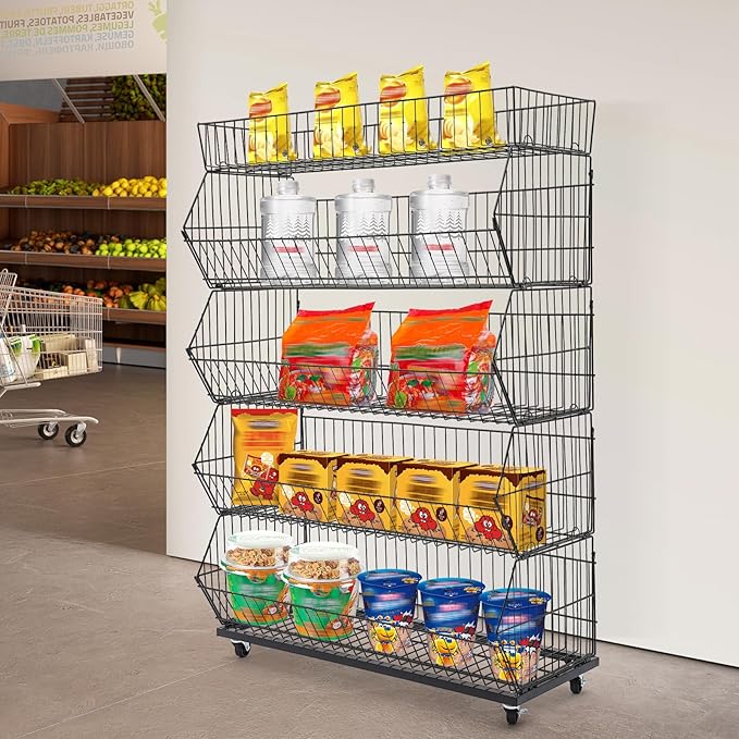 5 Tier Retail Display Rack, Rolling Storage Rack 5 Layers 35.43*16.93*53.54in Metal Display Shelf Fruit Vegetable Snack Basket Storage Supplies for Home Store Market (Black, 90*43*136cm)