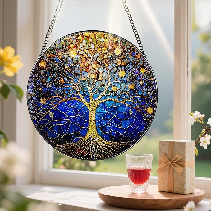 8-Inch Stained Glass Tree of Life Ornament, Stained Glass Window Hanging, Window Hanging Decor Suncatcher – Housewarming, Christmas, Birthday | Gift for Family, Friend, Couple, Teacher | Holiday Decor