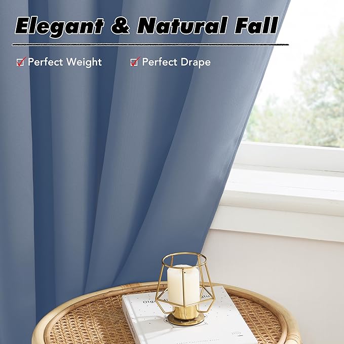 KGORGE Blackout Curtains for Bedroom, Privacy Light Blocking Thermal Insulation Noise Reducing Drapes for Living Room Bedroom, Back Tab Rod Pocket, W52 x L63 inches, Stone Blue, 2 Panels
