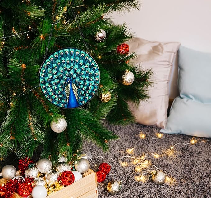 Full-Show Peacock Stained Glass Sun Catcher, 6 Inch Round Hand-Painted Window Hanging with Chain, Vibrant Glass Art for Home Garden Decor, Unique Gift for Nature & Bird Lovers