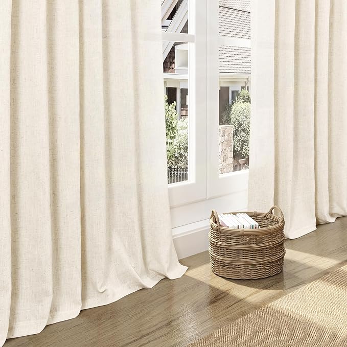 Nanspring Warm Beige Linen Curtains 102 Inches Long Rod Pocket Back Tab Drapes 2 Panels Set for Living Room Bedroom Light Filtering Semi Sheer Warm Beige Curtain 102 Length for Patio Door 52x102