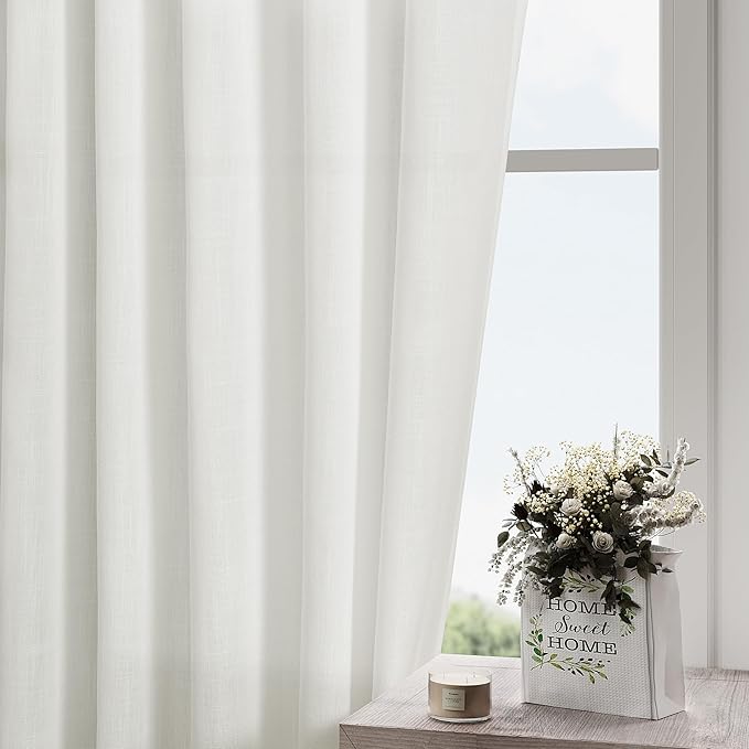 Natural Linen 102 Inch Long Curtains for Living Room 2 Panels Back Tab Pocket Ivory Semi Sheer Extra Long Curtains Linen Soft Material Light Filtering Window Panel Drapes for Dining Room 52X102