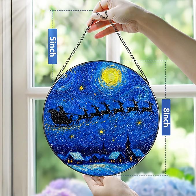 8-Inch Starry Night Santa Sleigh Stained Glass Window Hanging & Ornament: Stained Glass Suncatcher Ornament, Sun Catcher Window Decor – Gifts Exchange, Gift Idea, Gifts for Christmas & Holidays