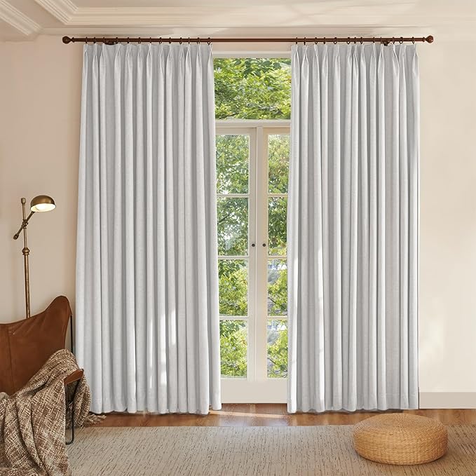 Textured Linen Double Pleats 100% Blackout Curtains for Bedroom/Living Room Blackout Curtains 108 Inches Long, Energy Saving Window Treatment Curtains,100Wx108Lx2,White Beige