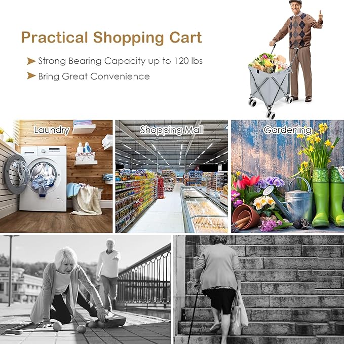Goplus Folding Shopping Cart with Wheels, Grocery Cart with Removable Oxford Cloth Liner, Lightweight Utility Cart for Groceries Laundry, Gray