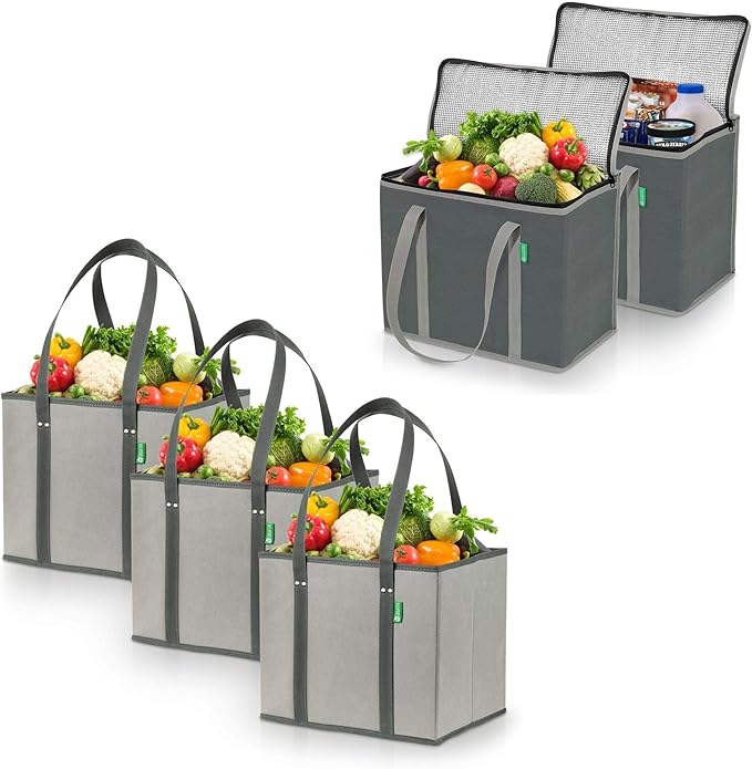 Creative Green Life Ultimate Shopping Bag 5-Pack – Reusable Grocery Box Bags (3) – Insulated Grocery Bags (2) – Premium Quality, Heavy Duty Tote Bag Set