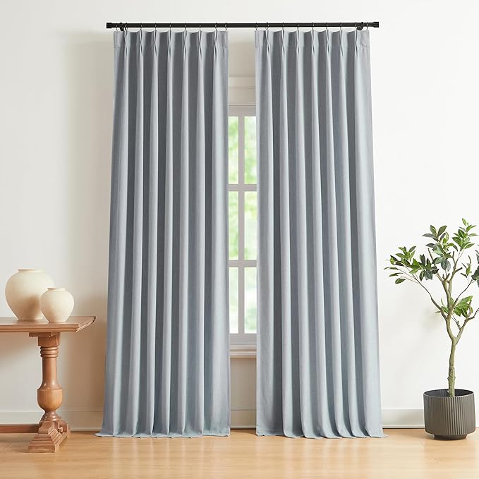 Vision Home Blue Gray Pinch Pleated Full Blackout Curtains Linen Blended Room Darkening Window Curtains 108 inch for Living Room Bedroom Thermal Insulated Pinch Pleat Drapes with Hooks 40" Wx108 Lx2