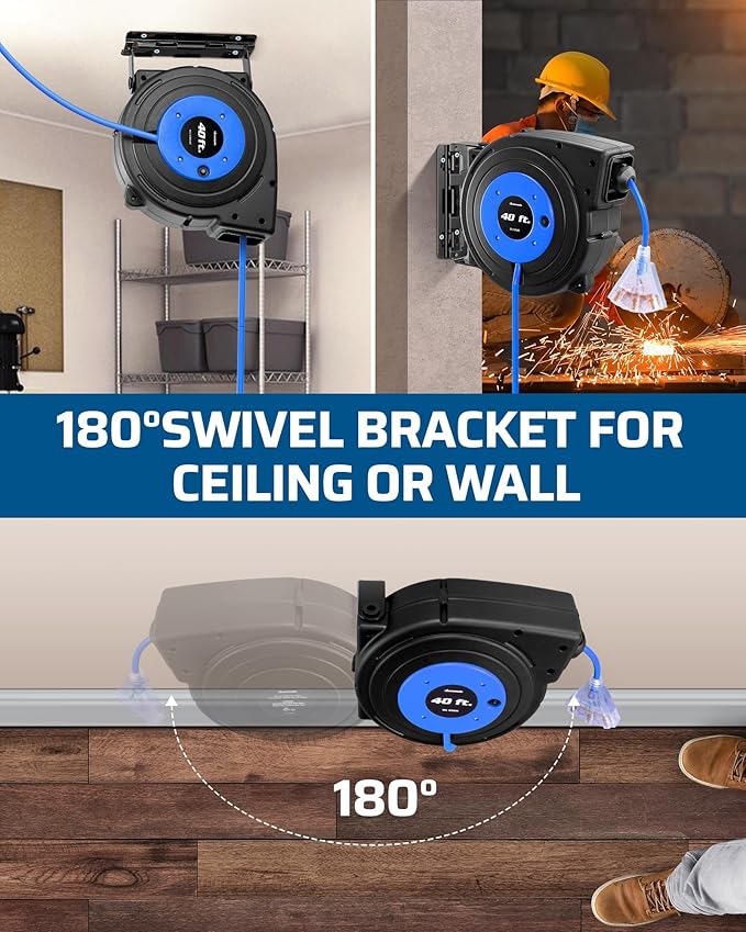 DEWENWILS Heavy Duty Cord Reel, 40FT Retractable Extension Power Cord, 12AWG/3C SJTOW, 3-Lighted Triple Outlets, 15A Circuit Breaker, Wall/Ceiling Mounted, Adjustable Stopper UL Listed, Blue