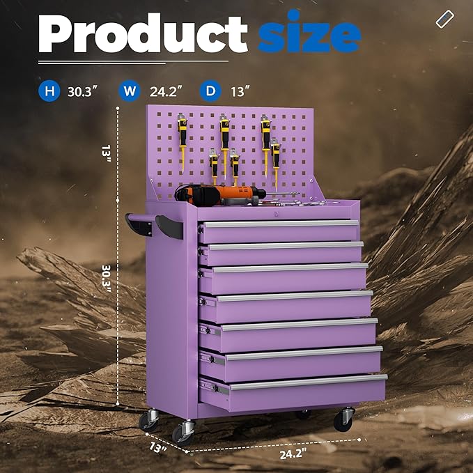 INTERGREAT 7 Drawers Rolling Tool Box with Pegboard,Portable Tool Chest with Wheels, Tool Box Organizer with Locking System for Garage, Purple