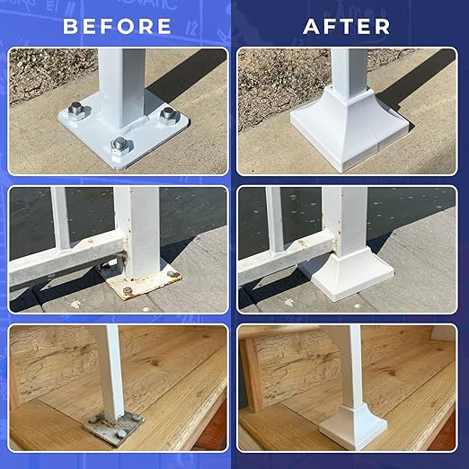 Deck Post Base Cover – Durable, Snap-Together Shoe Base Instantly Transforms Hand & Stair Rail Feet – Porch, Stair & Deck Base Brackets Covers – UV-Resistant ABS Plastic (White)