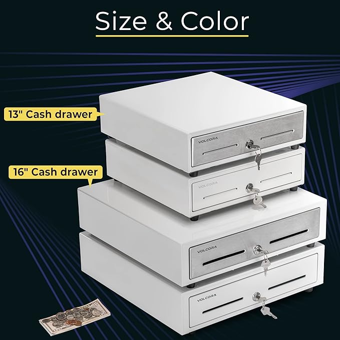 Volcora 13" Cash Register Drawer for Point of Sale System with 4 Bill 5 Coin Cash Tray, White & Stainless Steel Front Cash Drawers, Removable Coin Compartment, 24V, RJ11/RJ12 Key-Lock, Media Slot