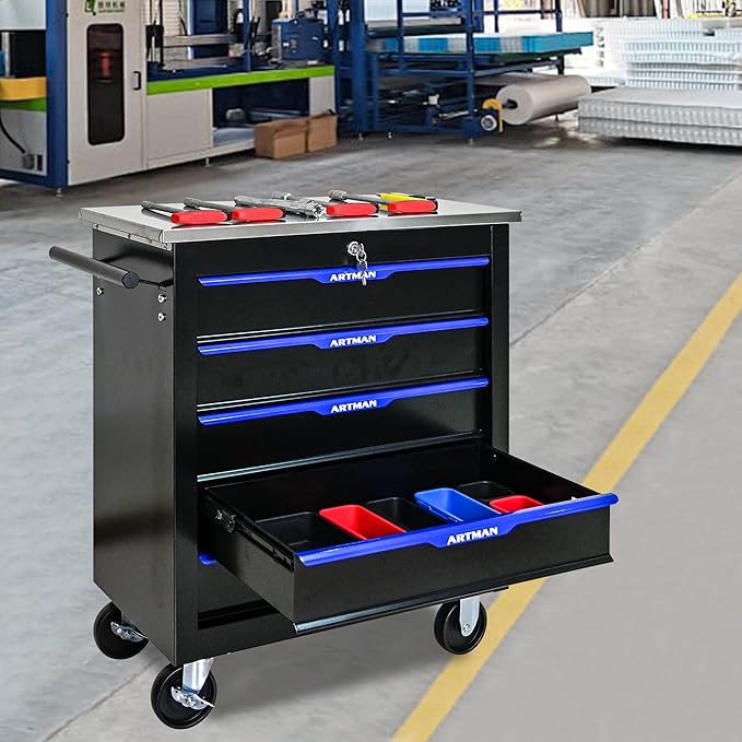 5 Drawer Rolling Tool Chest with Locker, 25.9" D Metal Movable Lockable Tool Cart Box Multi-Functional Hardware Storage Cabinet Box for Warehouse Basement Home Pantry Garage