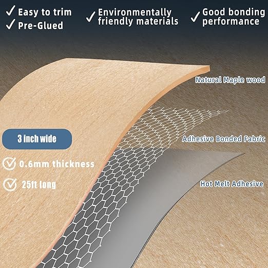Maple Edge Banding, 3 inch x 25ft roll of Wood Edge Banding Pre-glued Flexible, Veneer Tape Banding for Cabinet Repair Furniture