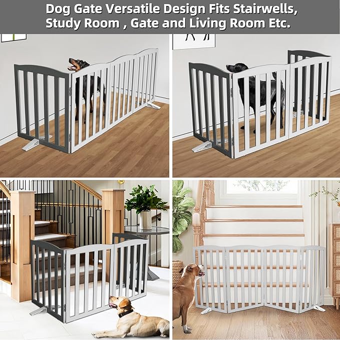 Freestanding Dog Gate Indoor,Doggie Gate Foldable Pet Gates for Doorways,Stairs or Hallways, Wooden Grey Pet Gate for The House, Pet Fence with Support Feet Included,24 "Height-4 Panels