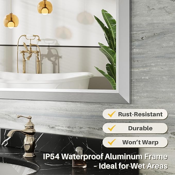22x30 Inch Brushed Nickel Bathroom Mirror for Wall, Thick Metal Framed Rectangle Mirrors for Over Sink, Bedroom, Living Room, Entryway, Anti-Rust, HD Tempered Glass