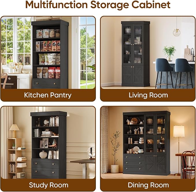 Vyre 71" Tall Farmhouse Bookshelves with Glass Doors, Set of 4 – Large Modular Bookcase with Adjustable Shelves, Storage Cabinet for Living Room, Kitchen, Home Office, Black