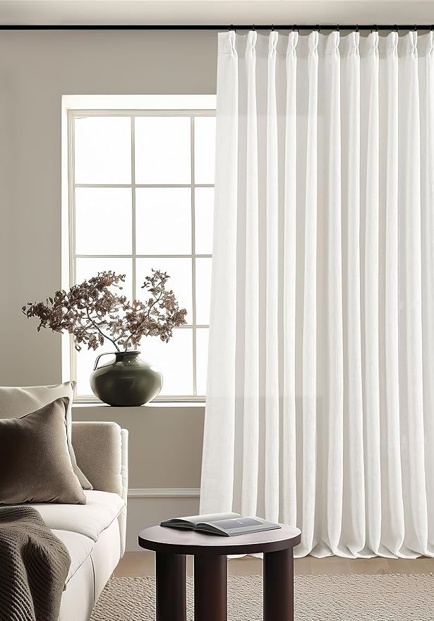 Beige White 70 Inch Wide Curtains 96 Inches Long for Living Room Light Filtering Semi Sheer Farmhouse Pleated Curtain with Hooks Rings for Patio Sliding Door Dining Room Large Window 1 Panel 70x96