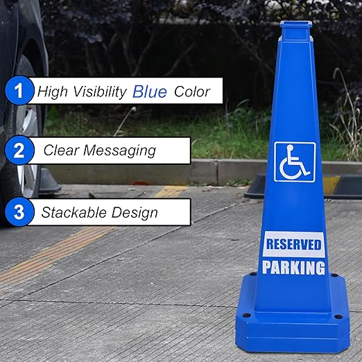 OrangeStar 3-Pack 28" Reserved Parking Cones, Large 4-Sided Message Safety Traffic Cones with Heavy Rubber Base for Indoor Outdoor Use, Parking Lot Control, Driveway Barriers, Blue