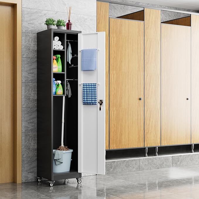 Aobabo Metal Broom Closet Storage Cabinet with Wheels, 72'' Tall Steel Cleaning Tool Cabinet for Garage with Pegboards and Hooks,Black and Grey,Assembly Required