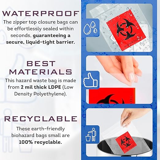 Biohazard Specimen Bags, 8 x 10 Inches. Pack of 1000 Clear Red Zipper Specimen Bags. Recyclable 3-Wall Polyethylene Biohazard Bag. Waterproof 2 Mil Plastic Bag with Zipper
