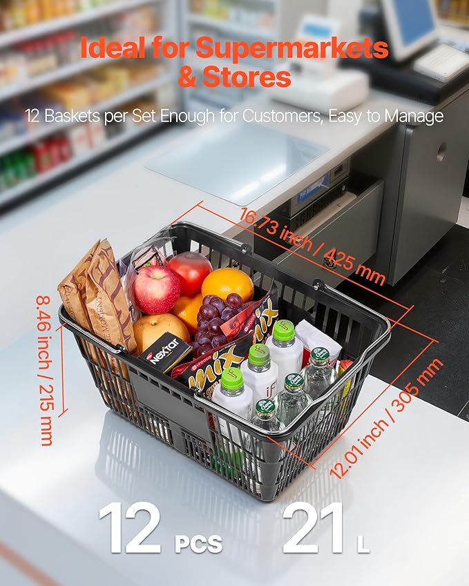 VEVOR Shopping Baskets, 12 PCS, 21L Stackable PE Plastic Grocery Baskets with Handles, Dense Mesh Structure, Holds up to 20 lbs, Portable for Grocery, Retail, Stores, Supermarket, Home Use, Black
