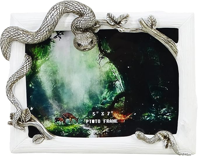 Decorative Snake Resin Picture Frame - 5x7 Inch Tabletop Photo Display with Mother & Baby Snake Design, Silver Wildlife Home Decor Art