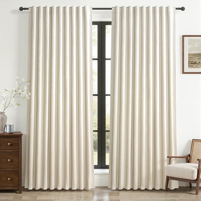 Cute Blackout Curtains 60 Inches Extra Wide Linen 96 Inch Length for Living Room/Sliding Glass Door,Pleated Heavy Duty Thermal Drapes for Winter Thick Large Window(60"Wx96"L 2 Panels Warm Cream)