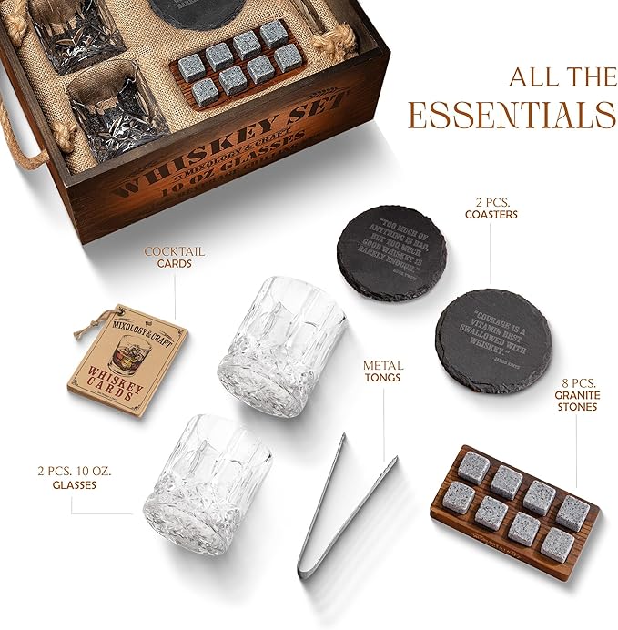Mixology & Craft Whiskey Gift Set, Whiskey Glass Set with Rustic Wooden Crate, 8 Granite Whiskey Rocks Chilling Stones, 10oz Glasses, Raffle Gift for Men, Dad, Husband, Boyfriend - Jameson Dark Brown