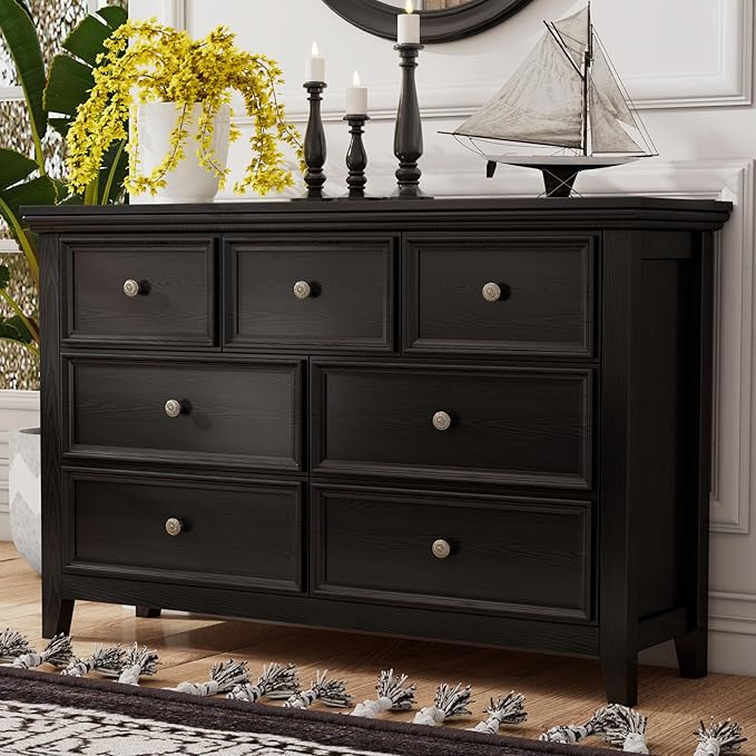 BLANKSPACE Black Dresser, Modern Dresser for Bedroom, 7 Chest Drawer Nightstand, Large Capacity Wood Cabinet for Bedroom, Living Room, Closets