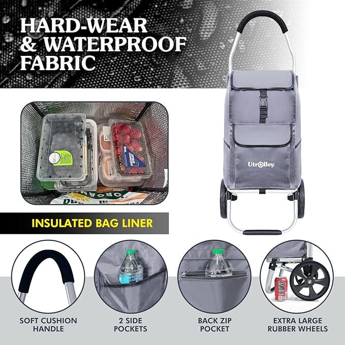 Ultra-Lightweight Gray Foldable Shopping Cart for Groceries Large 42L Capacity Rubber Wheels, Removable Insulated Bag Liner, Durable Aluminum Frame, Multi-Function Personal Hand Truck