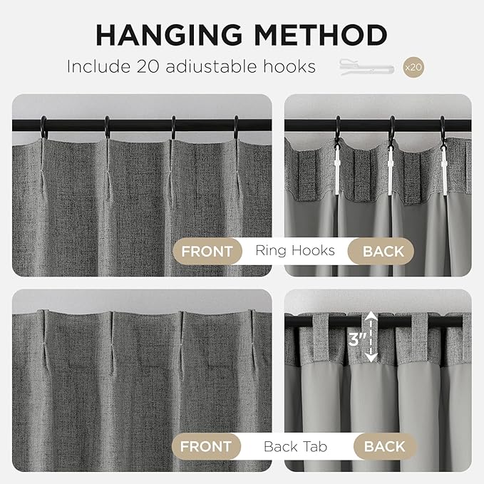 Joydeco Pinch Pleated Curtains - 100% Blackout for Bedroom, Light Grey Linen Curtains 40" W x 84" L, Thermal Insulated 2 Panels Light Blocking Drapes, Back Tabs for Living Room