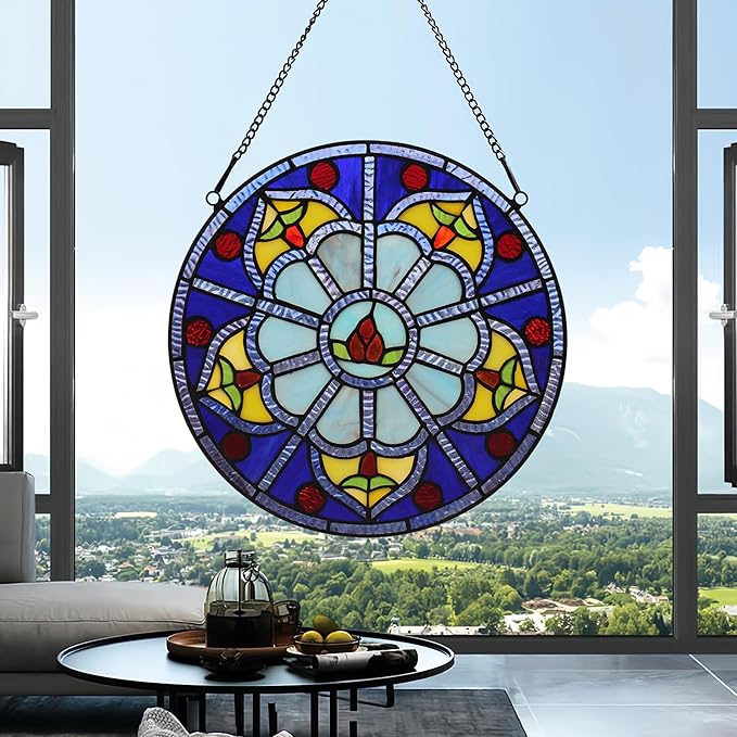 Stained Glass Window Hanging Tiffany Plant Style Blue Flower Suncatcher 12" Roud Wall Decor Art Panel Include 20" Chain and Hooks Perfect Christma Housewarming Gift