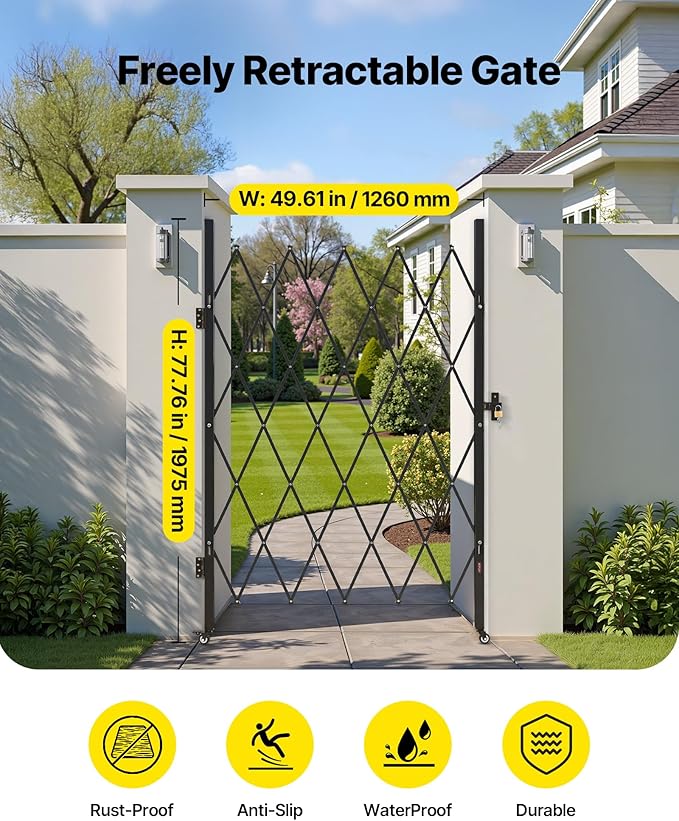 VEVOR Single Folding Security Gate, Lockable Scissor Gate with 360° Swivel Casters, Outdoor Barricade Steel Retractable Gates, for Entry Security, Garage, Warehouse & Pool, 49.61 x 77.76 in (W x H)