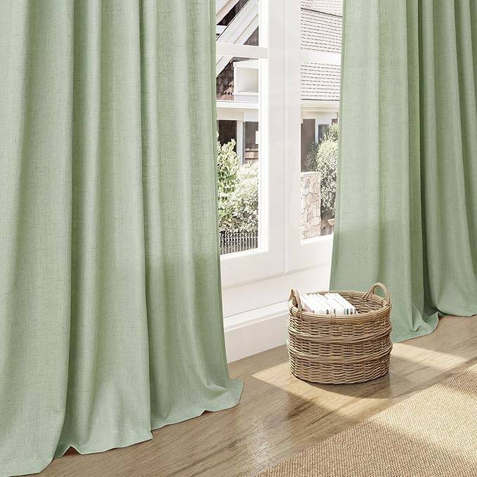 Extra Long Mist Sage Linen Curtains 120 Inch for Living Room 2 Panels Set Rod Pocket Back Tab Light Filtering Semi Sheer Linen Window Drapes Privacy High Ceiling Drapes for Farmhouse 52x120