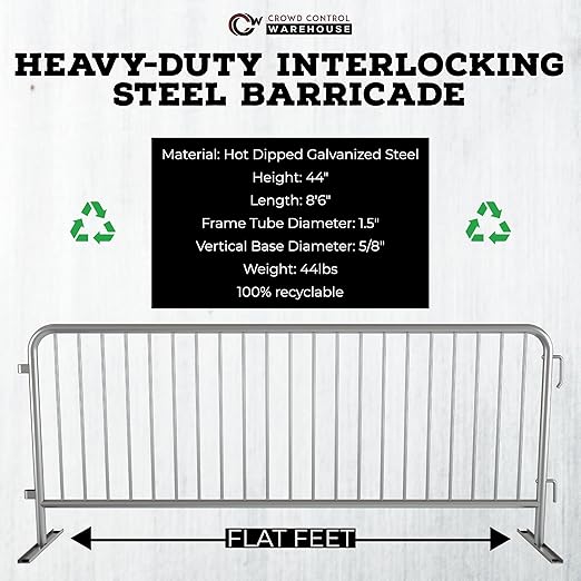 Angry Bull Barricades Metal Interlocking Steel Barricade (8.5 Ft. Heavy Duty, Flat Feet, Grey Powder Coated, Set of 10)