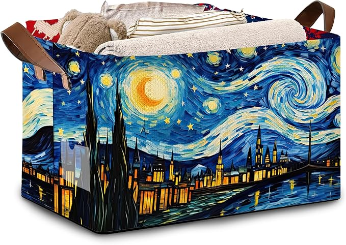 Artist Inspired Floral Storage Basket Large 17x11.5x10.5 Inche-Collapsible Fabric Organizer Bin with Handles for Living Room, Blankets-Decorative Hamper with Impressionist Flower-Single Pack