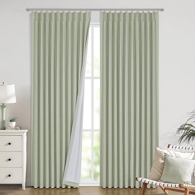 Vision Home Soft Green Pinch Pleated Full Blackout Curtains Linen Blended Room Darkening Window Curtains 72 inch for Living Room Bedroom Thermal Insulated Pinch Pleat Drapes with Hooks 60" Wx72 Lx1