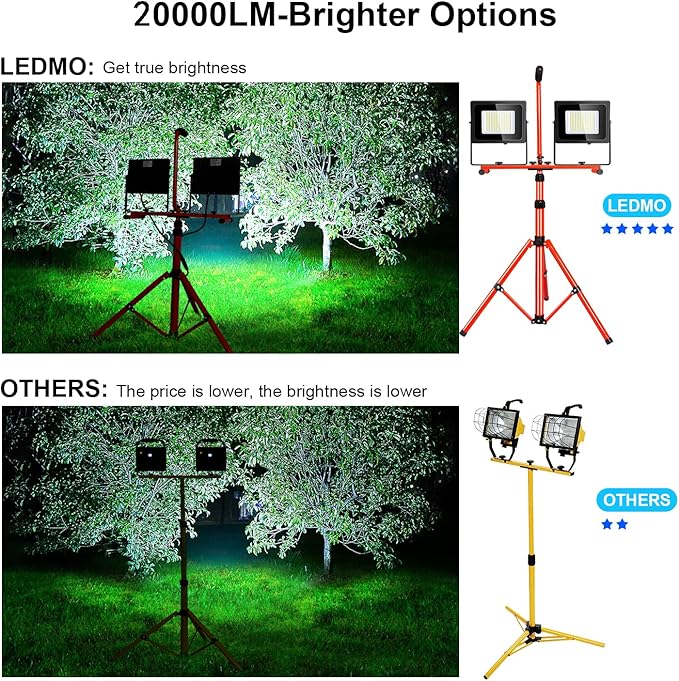 LEDMO 26000 Lumen Led Work Light with Tripod Stand 200W IP65 Waterproof Adjustable Angle Portable Led Work Floodlights with 76.8in Metal Telescoping Tripod for Warehouse, Yard, Job site