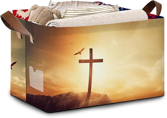 Cross Pattern Collapsible Storage Box - 17x11.5x10.5 Inch Foldable Organizer for Seasonal Decor, Religious Decorations, Under Bed Home Decor, Closet, Church Storage - Single Pack No Lid