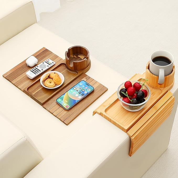 Couch Cup Holder Tray, 15.75" Bamboo Cup Holder for Couch, 3 in 1 Foldable Arm Chair Clip on Side Tray Table for Remote Snack Table on Armrest